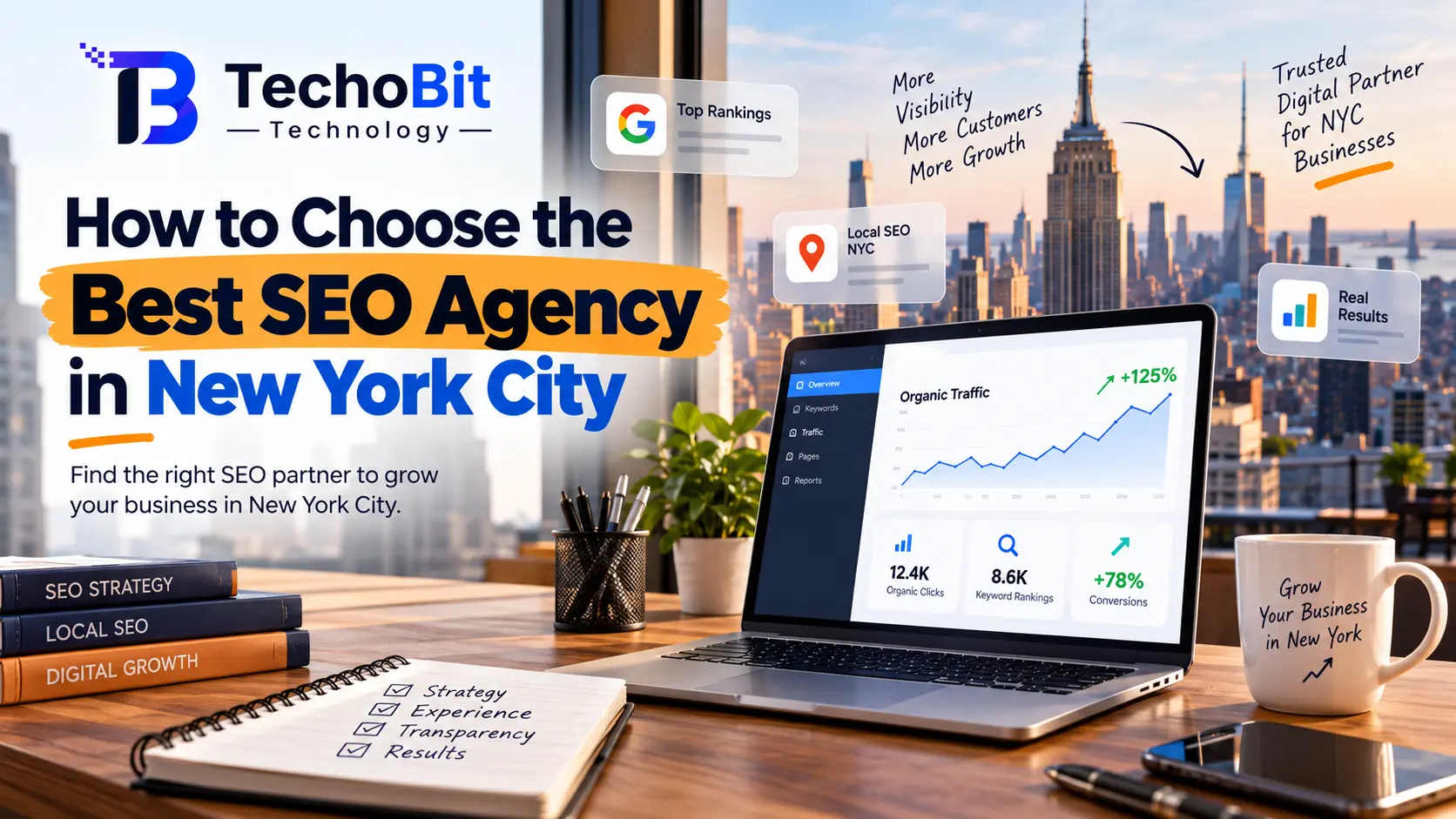 TechoBit Technology banner about choosing the best SEO agency in New York City, featuring SEO analytics, organic traffic growth, local SEO, and digital marketing strategy.