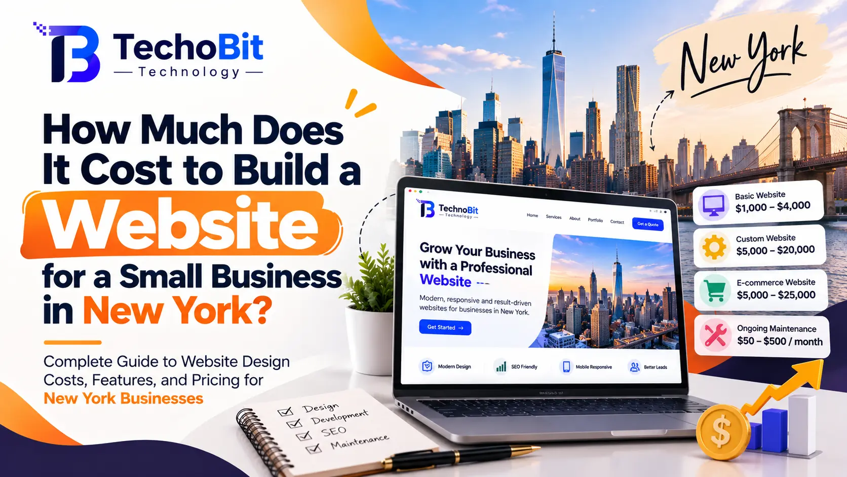 Techobit Technology banner illustrating small business website design costs in New York, featuring a laptop website mockup, New York City skyline, website pricing estimates, and development cost factors.