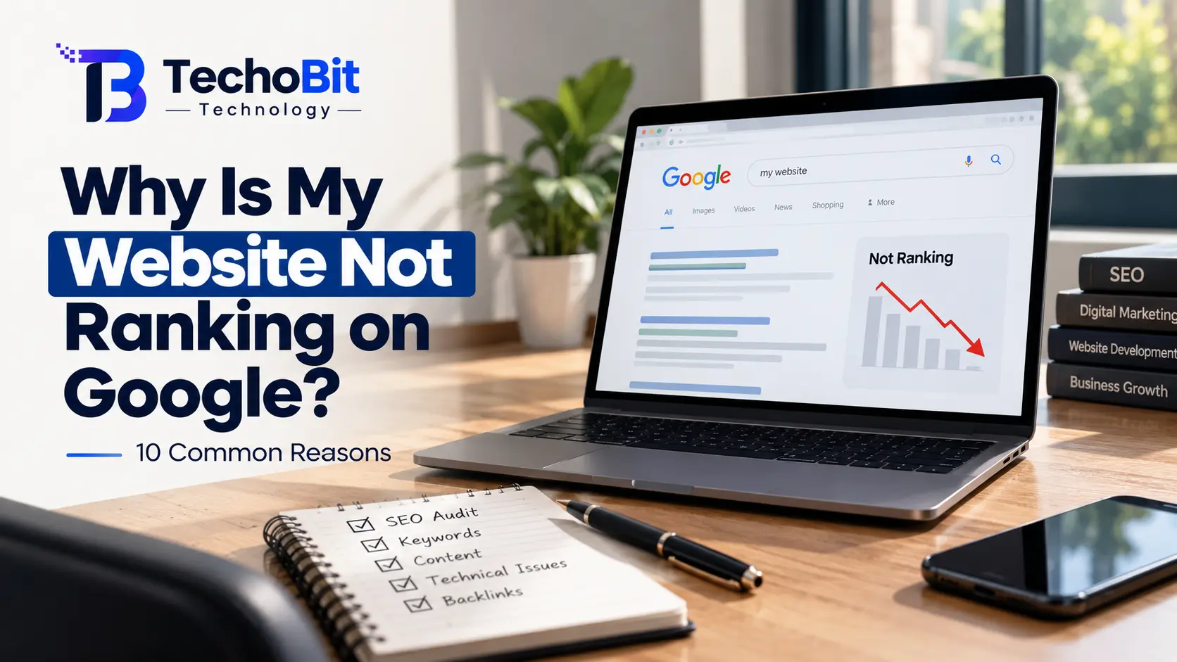 TechoBit Technology blog banner about why a website is not ranking on Google, featuring SEO performance analysis, search rankings, and website optimization.