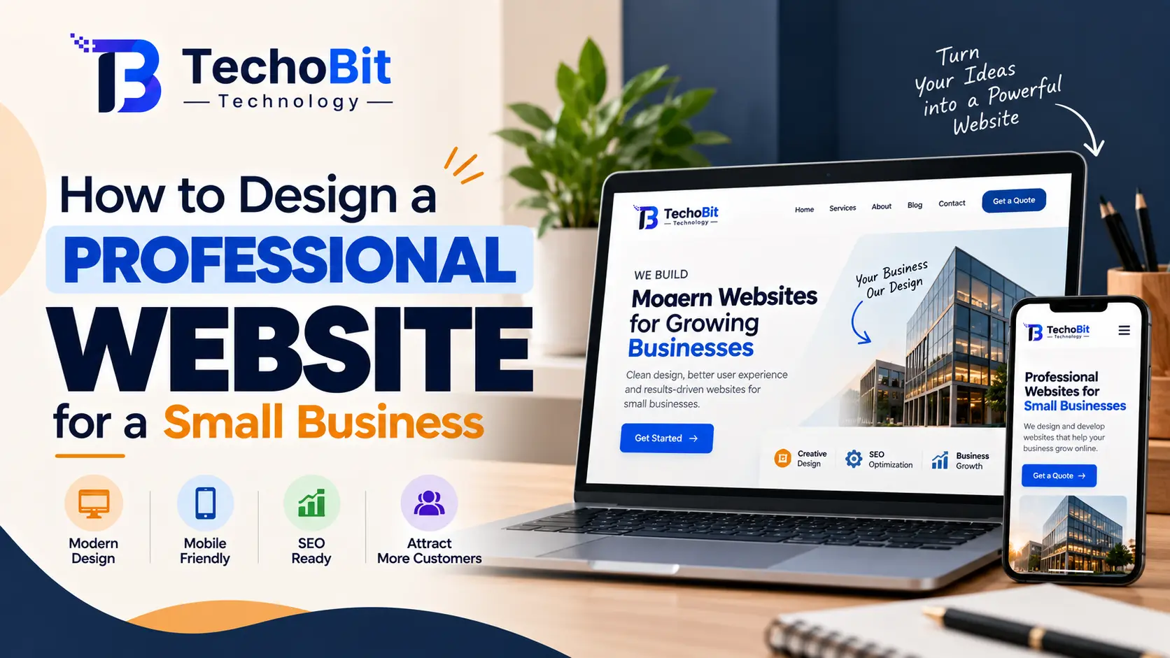 TechoBit Technology banner showcasing professional small business website design on desktop and mobile devices, highlighting responsive design, SEO optimization, modern layouts, and business growth.